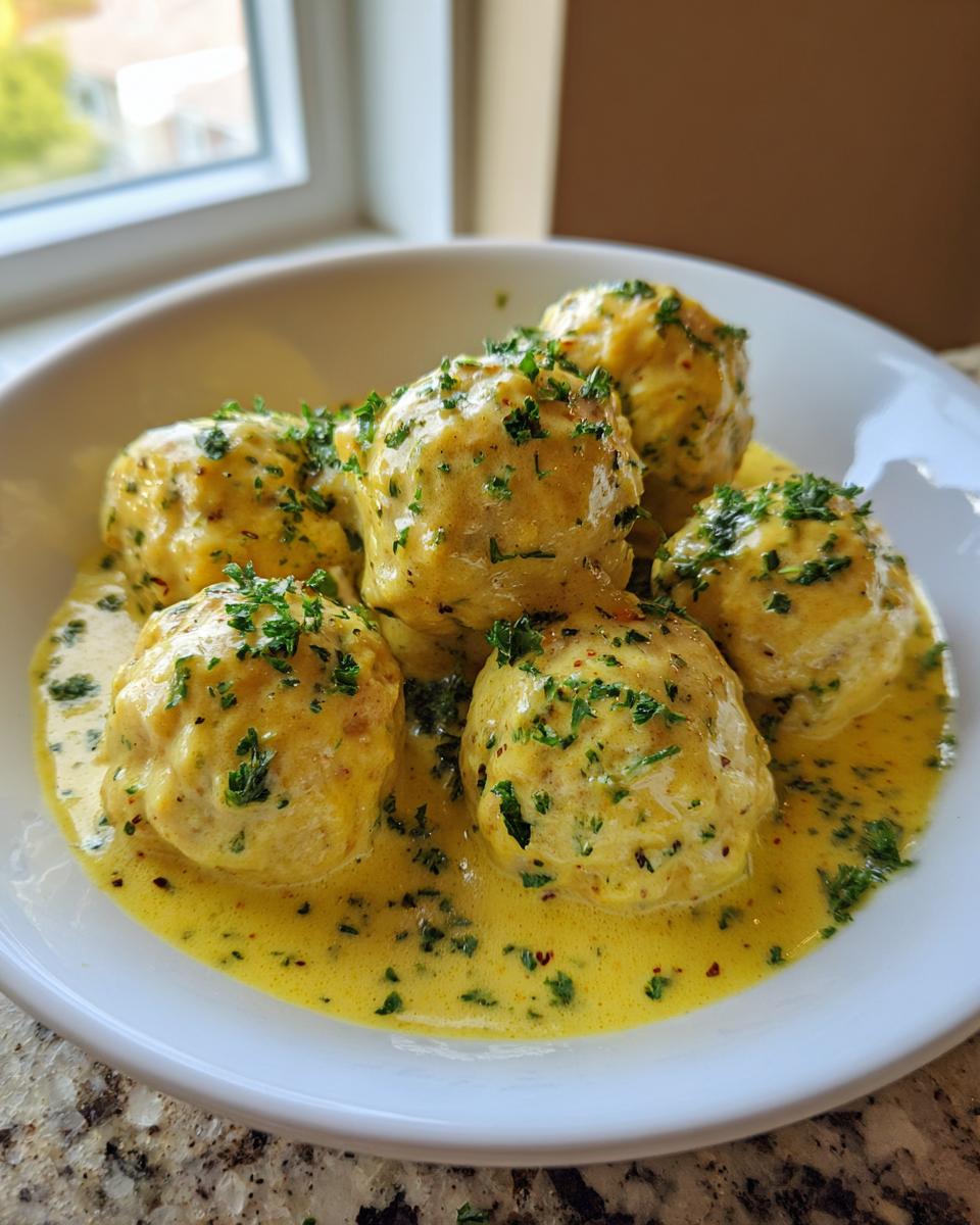 A white bowl filled with moist greek chicken meatballs generously coated in a rich, yellow lemon cream sauce and topped with fresh parsley.