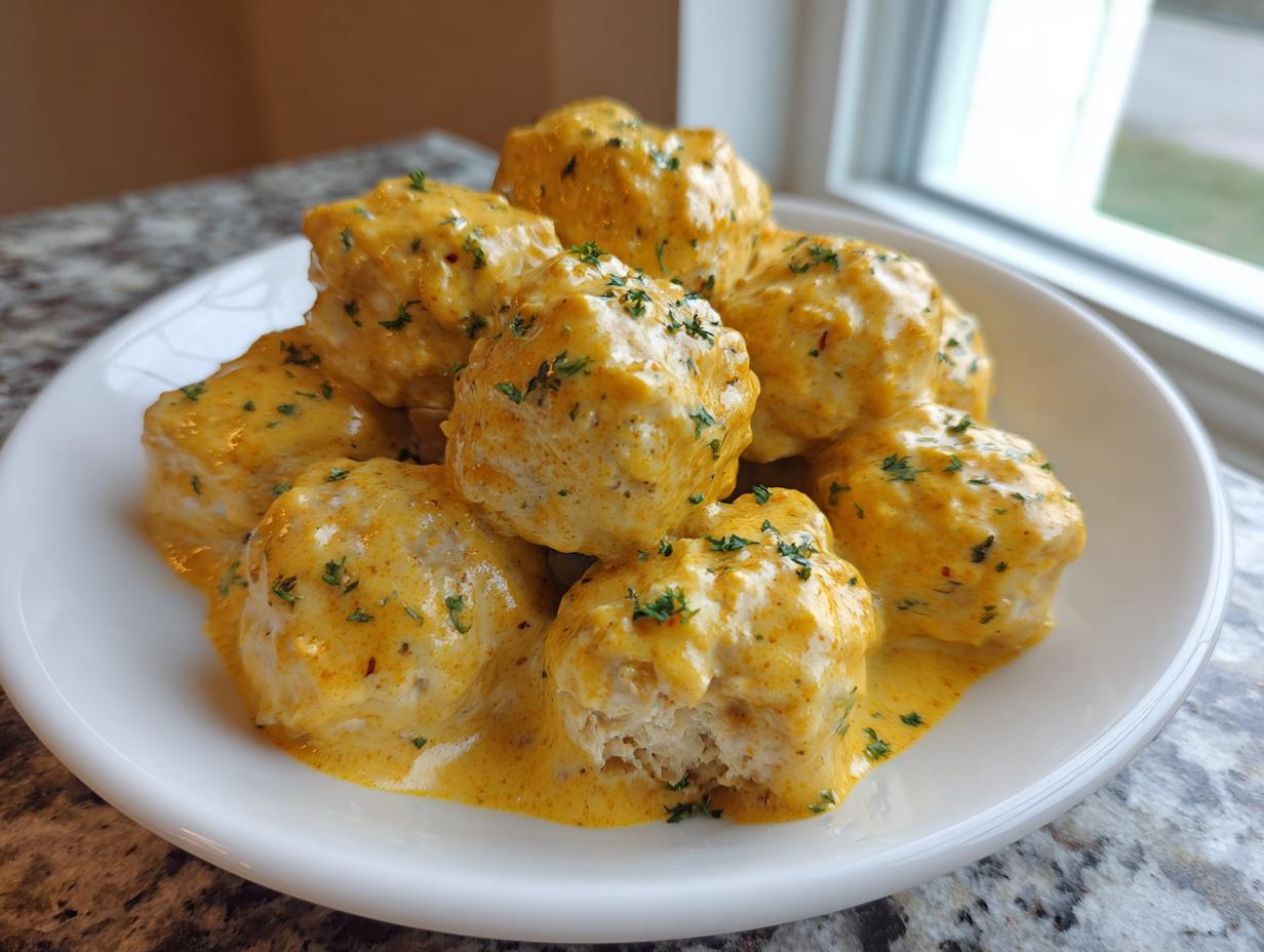 A pile of moist greek chicken meatballs generously coated in a rich, yellow lemon cream sauce and sprinkled with parsley.