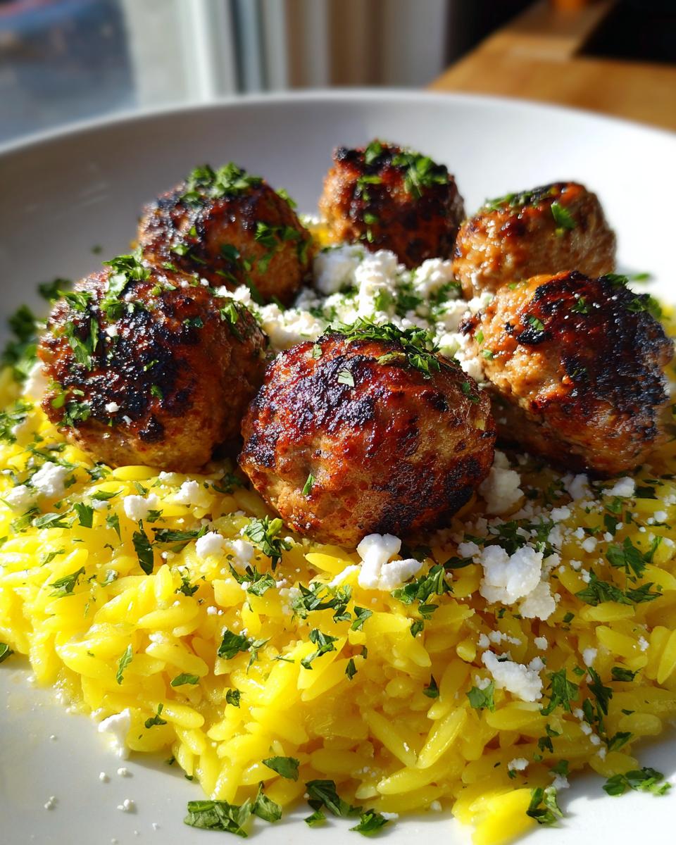 Close-up of seared greek chicken meatballs served over bright yellow lemon orzo pasta, topped with feta cheese and parsley.