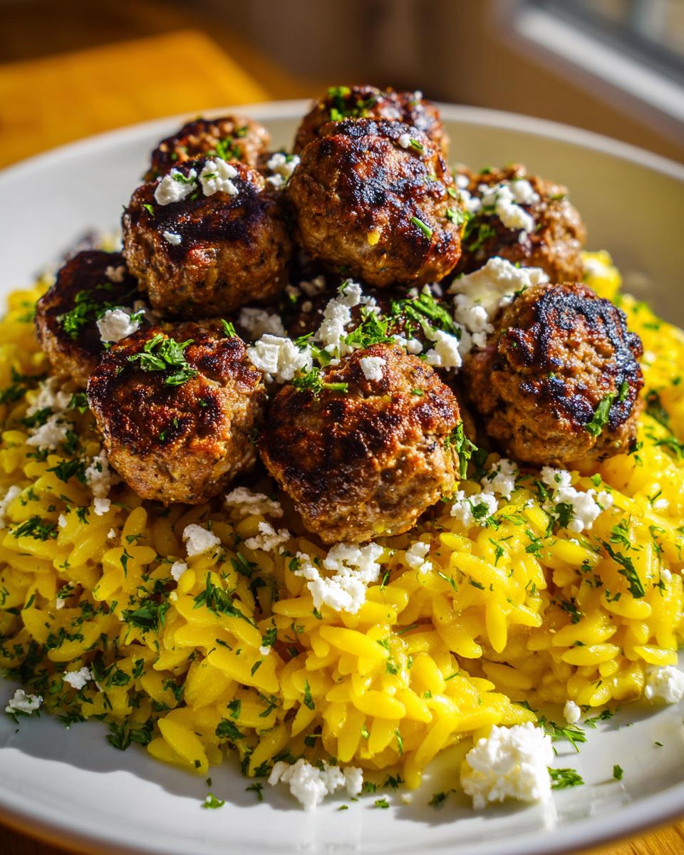 Close-up of perfectly browned greek chicken meatballs served over bright yellow lemon orzo, topped with feta and parsley.