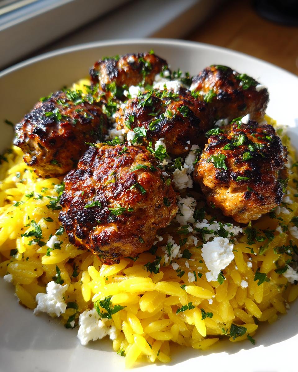 Close-up of perfectly browned greek chicken meatballs served over vibrant yellow lemon orzo, topped with feta and parsley.