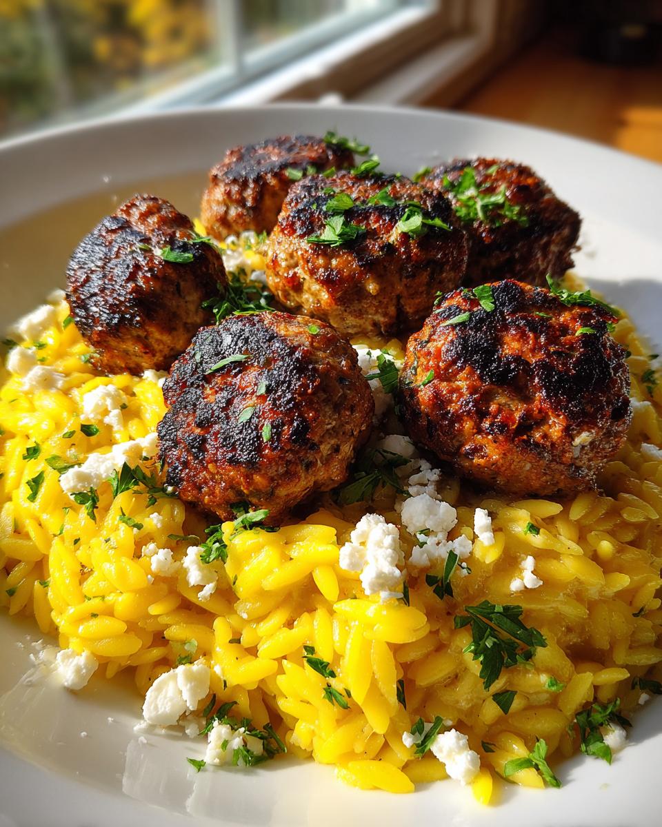Five seared greek chicken meatballs served over bright yellow lemon orzo pasta topped with feta and parsley.
