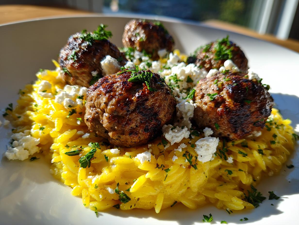Five browned greek chicken meatballs served over bright yellow lemon orzo pasta, topped with feta and parsley.