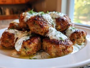 A mound of perfectly browned greek chicken meatballs drizzled with creamy tzatziki sauce and fresh dill.