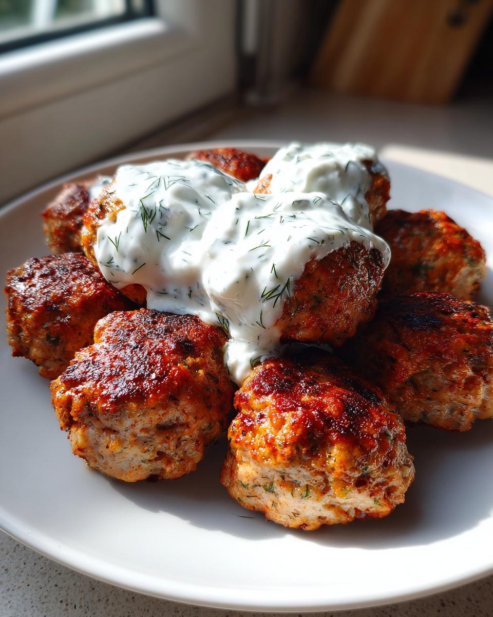 A plate of golden-brown greek chicken meatballs topped generously with creamy dill tzatziki sauce.