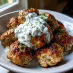 A close-up of golden brown greek chicken meatballs topped with creamy tzatziki sauce and fresh dill.