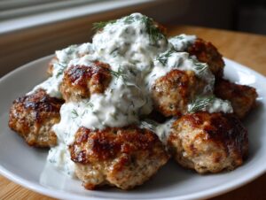 A plate piled high with golden brown greek chicken meatballs generously topped with creamy homemade tzatziki sauce and fresh dill.