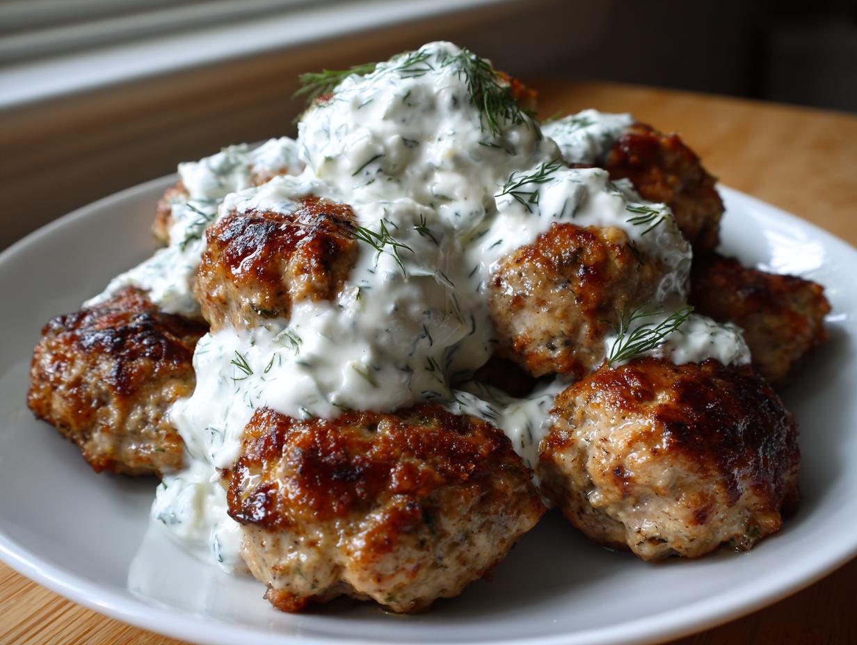 A plate piled high with golden brown greek chicken meatballs generously topped with creamy homemade tzatziki sauce and fresh dill.