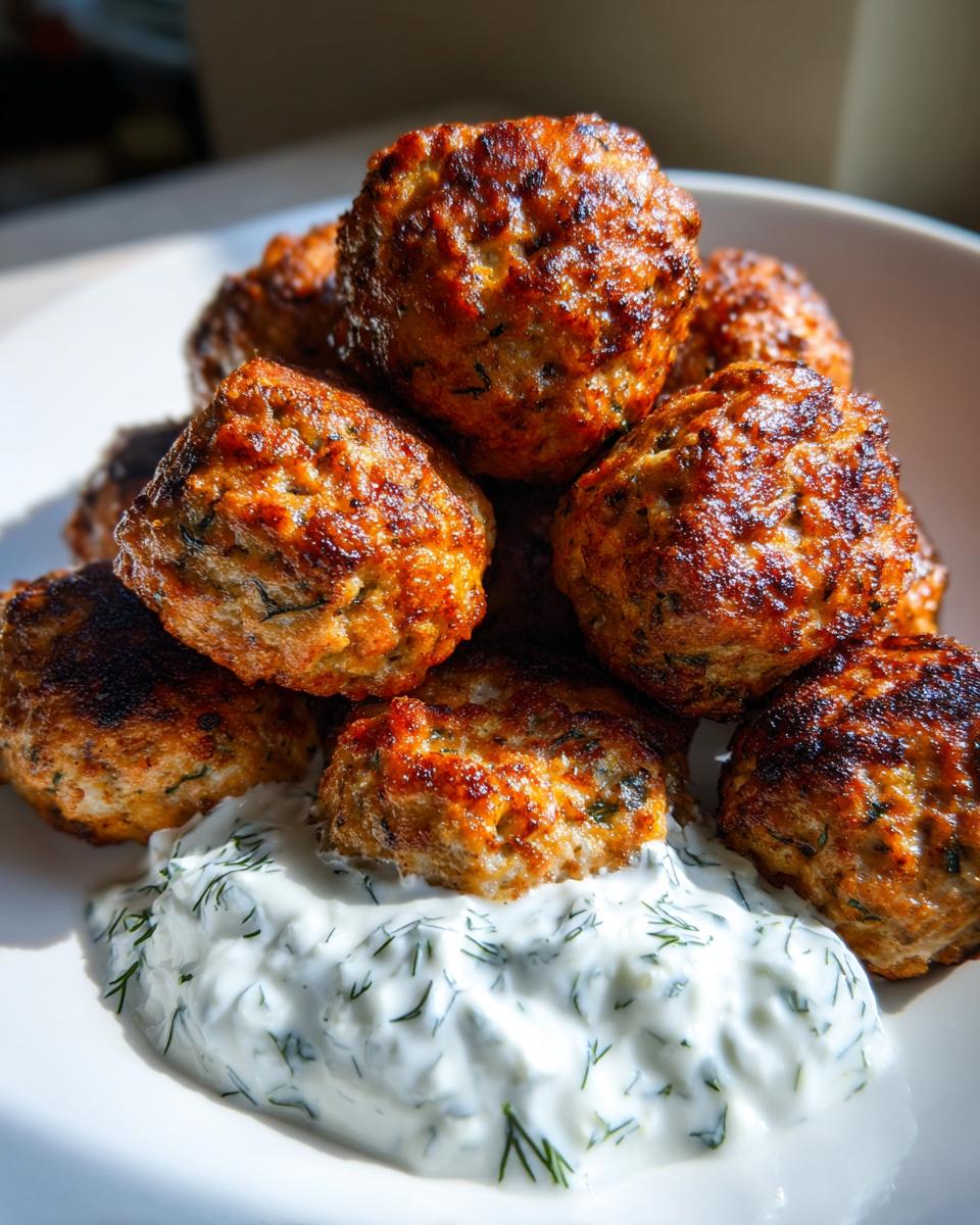 Close-up of golden brown greek chicken meatballs piled on a white plate with a dollop of creamy tzatziki sauce.
