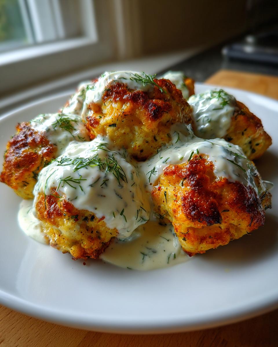 Close-up of golden brown greek chicken meatballs generously topped with creamy homemade tzatziki sauce and fresh dill.