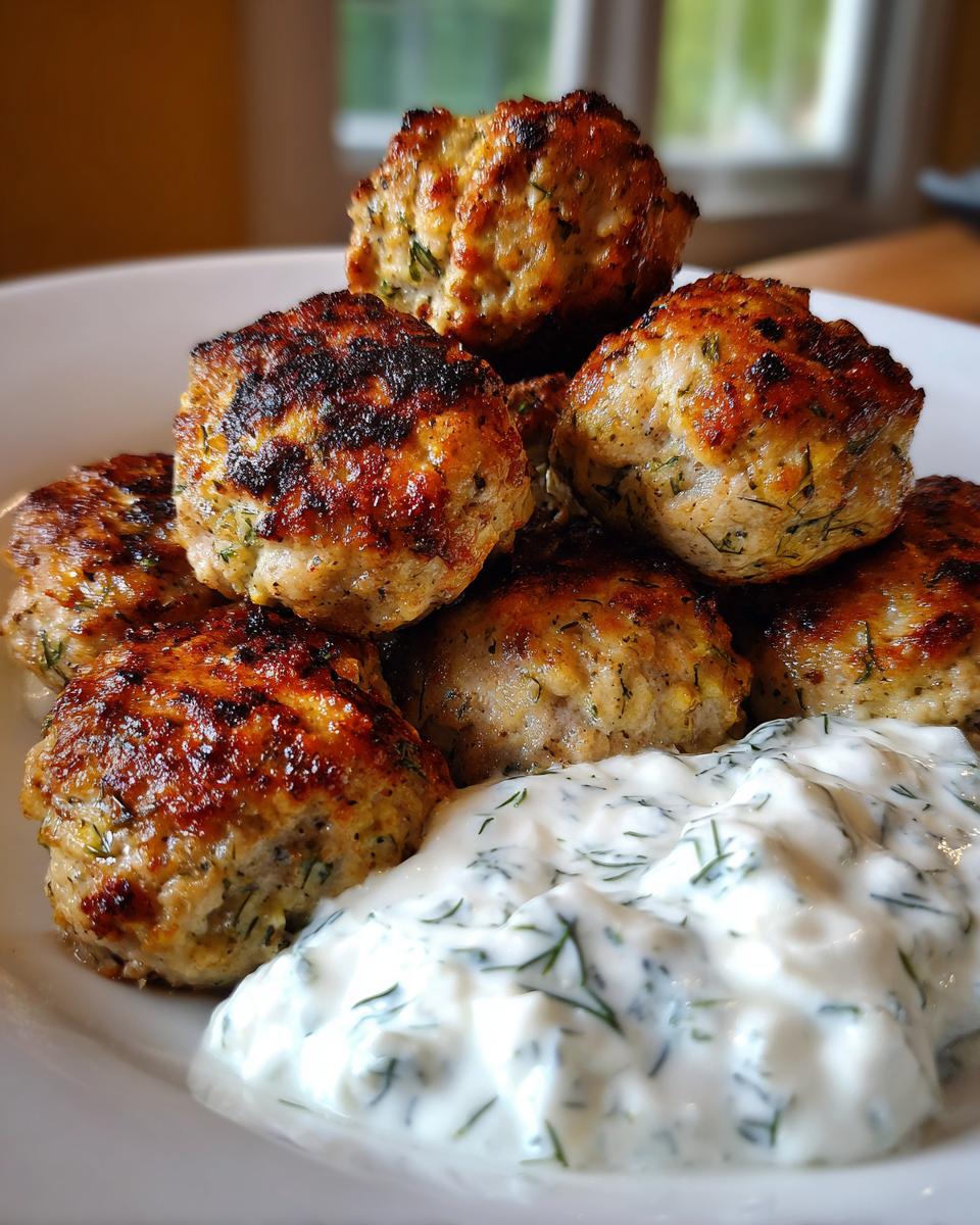 A stack of golden-brown greek chicken meatballs served next to a dollop of creamy tzatziki sauce.