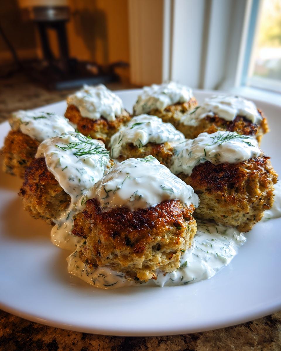 Close-up of golden brown greek chicken meatballs topped generously with creamy dill tzatziki sauce on a white plate.