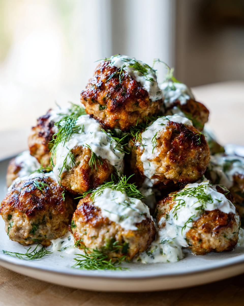 A stack of golden brown greek chicken meatballs generously topped with homemade tzatziki sauce and fresh dill.