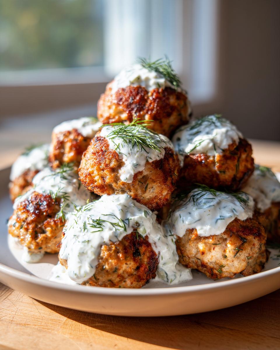 A stack of golden brown greek chicken meatballs generously topped with homemade tzatziki sauce and fresh dill.