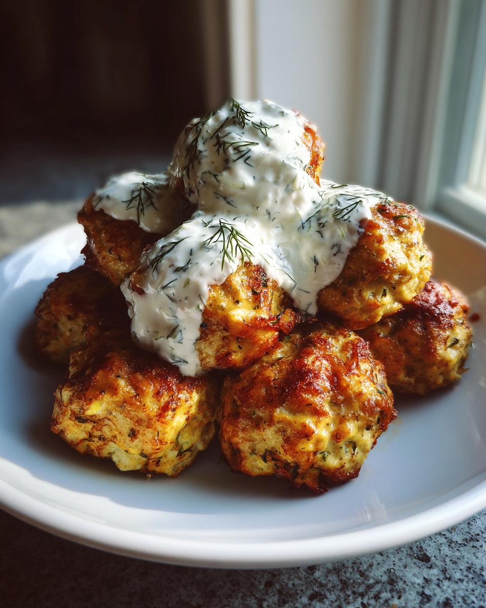 A stack of golden brown greek chicken meatballs topped generously with homemade tzatziki sauce and fresh dill.