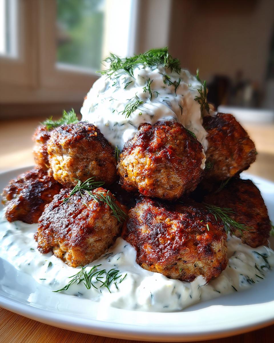 A stack of perfectly browned greek chicken meatballs served over a generous dollop of creamy tzatziki sauce and garnished with fresh dill.