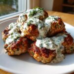 A pile of golden brown greek chicken meatballs generously topped with creamy homemade tzatziki sauce and fresh dill.
