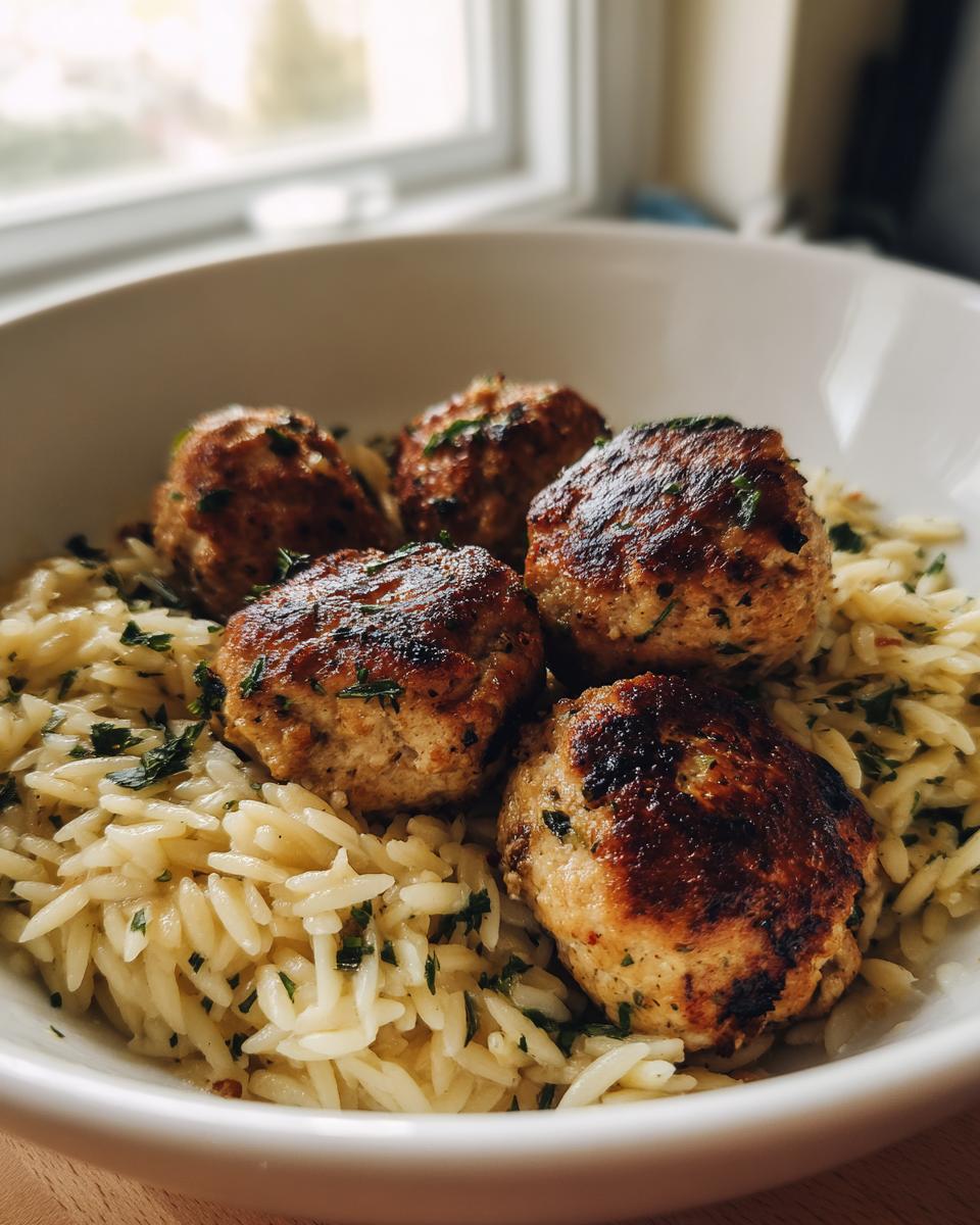 Close-up of perfectly browned greek chicken meatballs with orzo pasta tossed with fresh herbs.