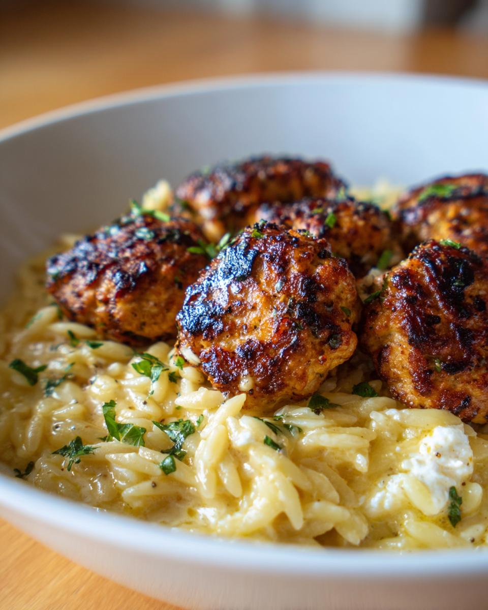 Close-up of perfectly seared greek chicken meatballs served over creamy, cheesy orzo pasta, garnished with parsley.