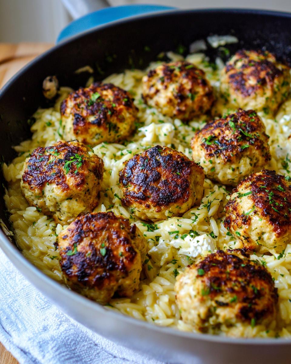 Close-up of browned greek chicken meatballs with orzo pasta and crumbled feta cheese in a skillet.