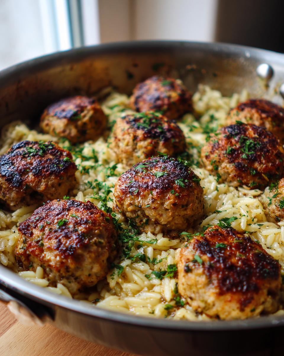 Close-up of seared greek chicken meatballs with orzo pasta, garnished with fresh parsley.