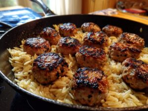 Close-up of perfectly seared greek chicken meatballs nestled in a bed of buttery orzo pasta in a black skillet.