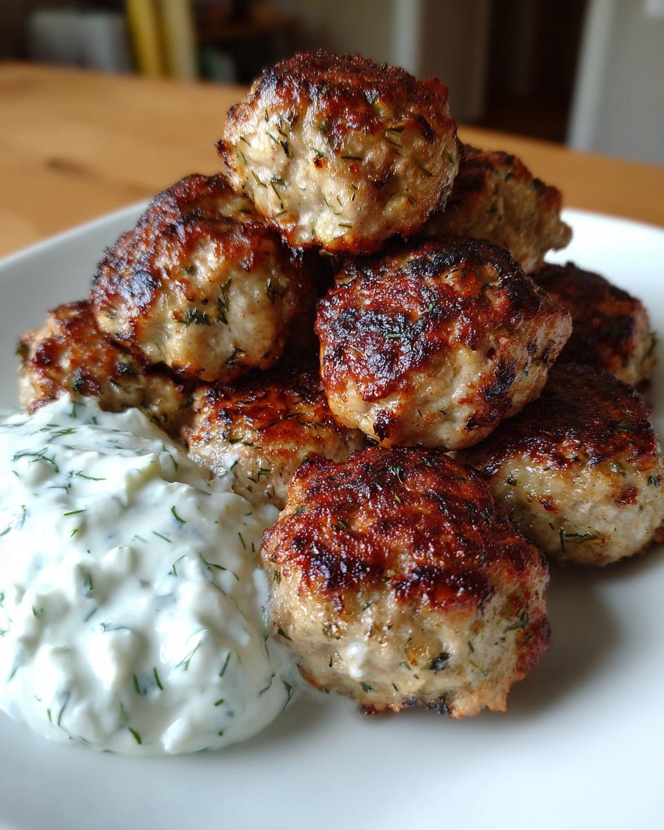 A stack of browned greek chicken meatballs with tzatziki sauce on a white plate.