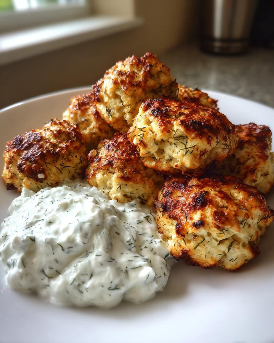 A pile of golden brown greek chicken meatballs served next to a dollop of creamy tzatziki sauce.