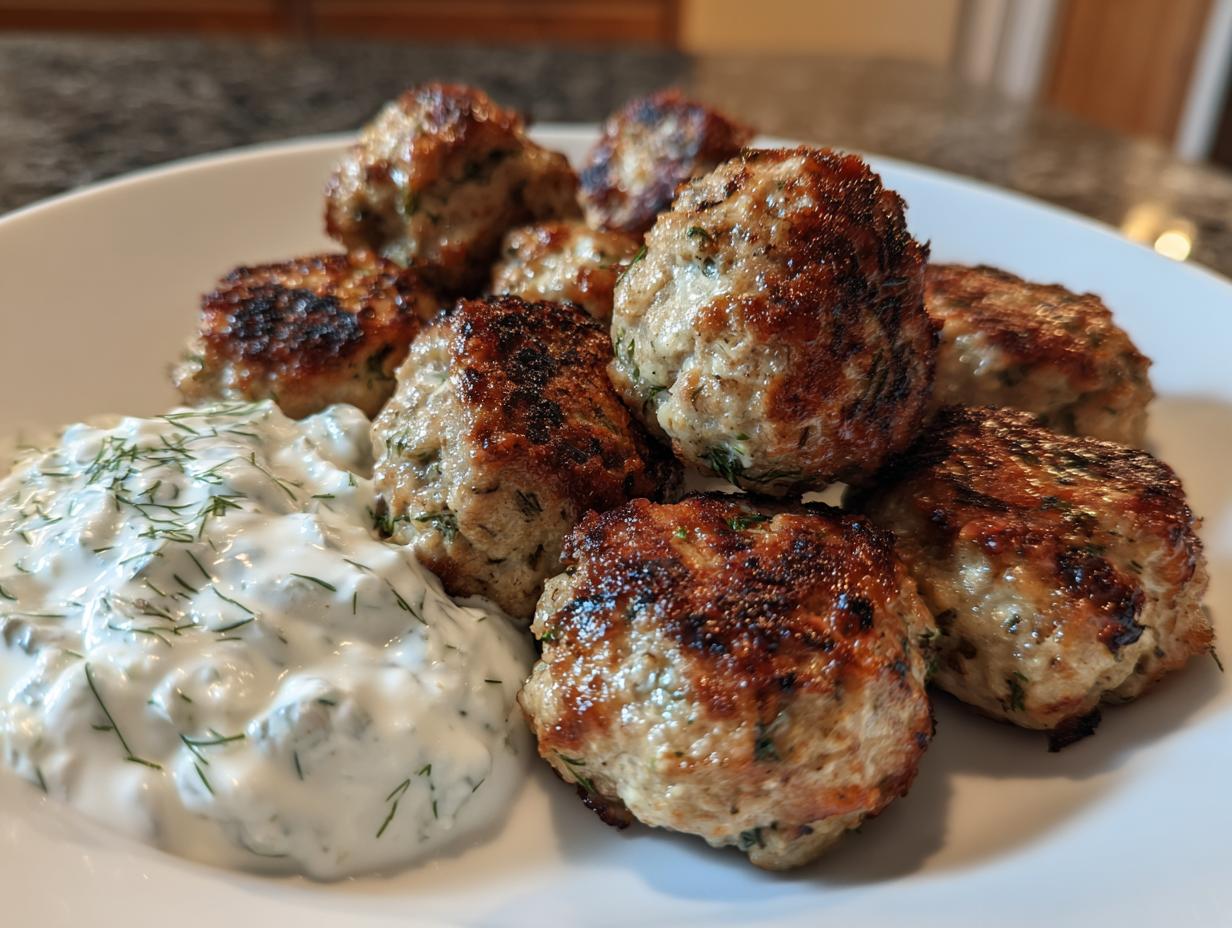 A plate featuring several golden-brown greek chicken meatballs with tzatziki sauce topped with fresh dill.