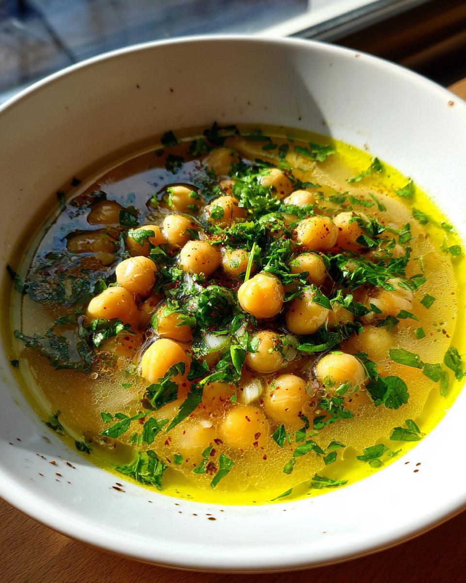 Close-up of a white bowl filled with vibrant greek lemon chickpea soup, topped generously with fresh parsley and spices.