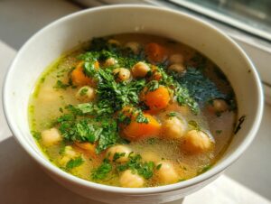 A close-up of a white bowl filled with vibrant greek lemon chickpea soup, featuring chickpeas, carrots, and fresh parsley garnish.