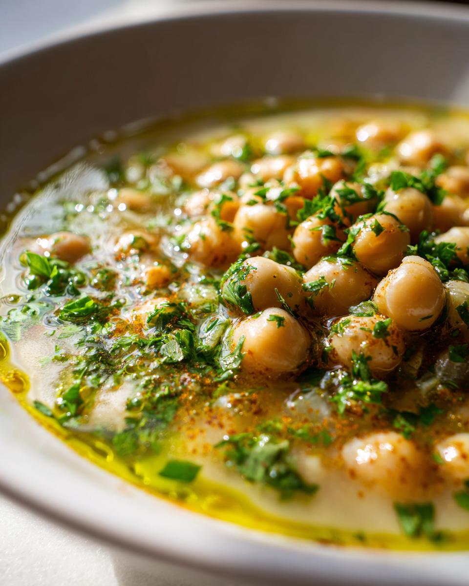 Close-up of a bowl of greek lemon chickpea soup, topped with whole chickpeas, fresh parsley, and olive oil.
