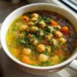 A close-up of a steaming bowl of greek lemon chickpea soup, rich with chickpeas, carrots, and topped with fresh parsley.