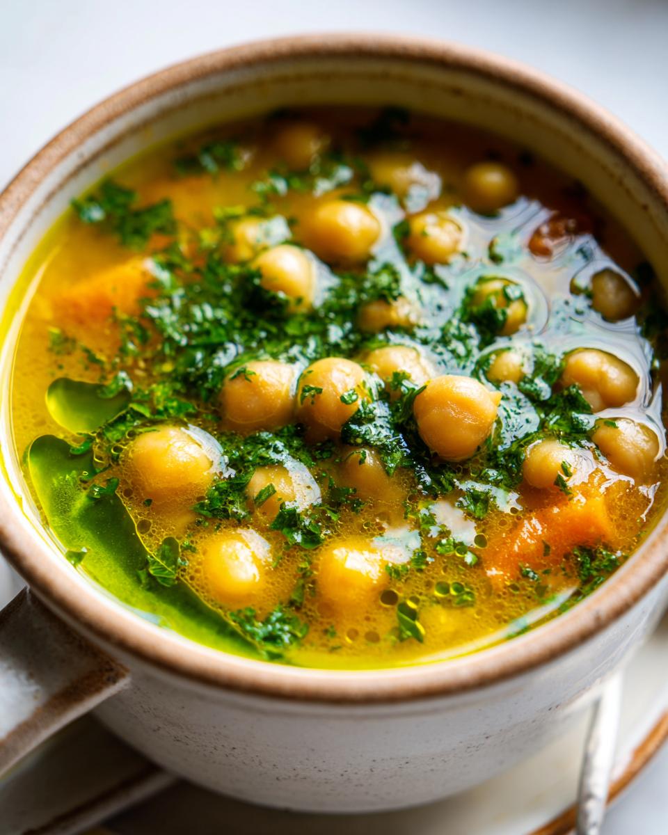 A close-up view of a bowl of vibrant greek lemon chickpea soup, topped generously with fresh green parsley and olive oil.