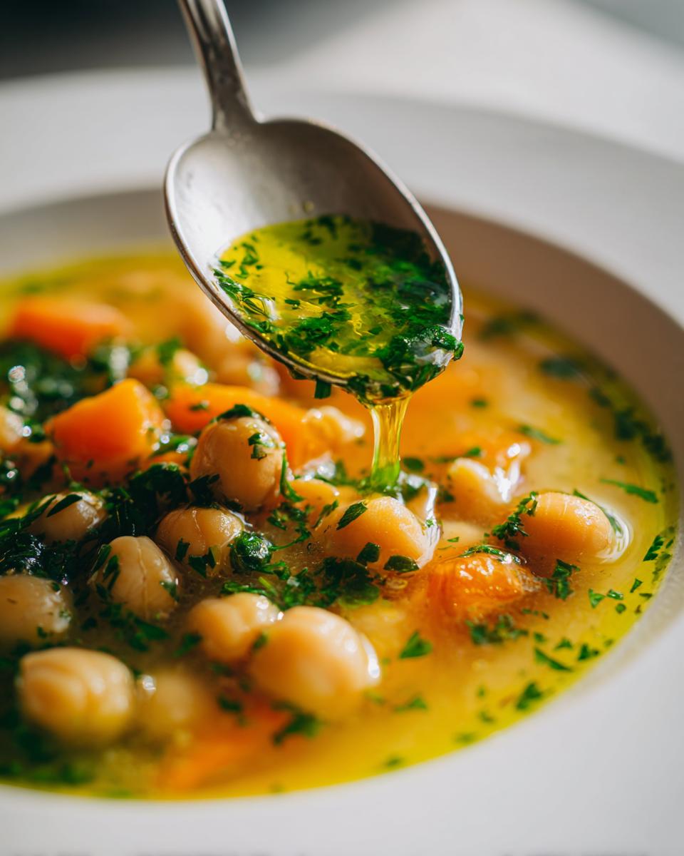 A spoonful of olive oil mixed with fresh parsley is drizzled over a bowl of greek lemon chickpea soup.