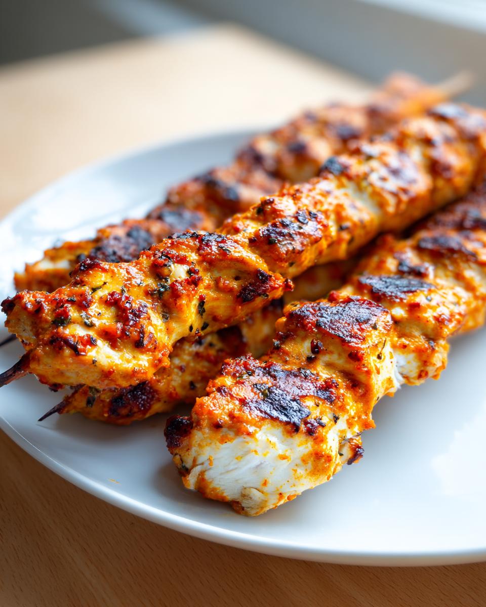 Close-up of juicy, grilled bang bang chicken skewers coated in a vibrant orange-red marinade, resting on a white plate.