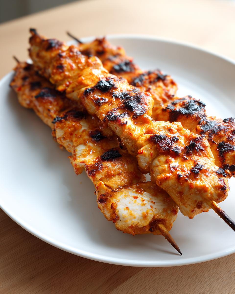 Close-up of three perfectly grilled bang bang chicken skewers with charred edges served on a white plate.