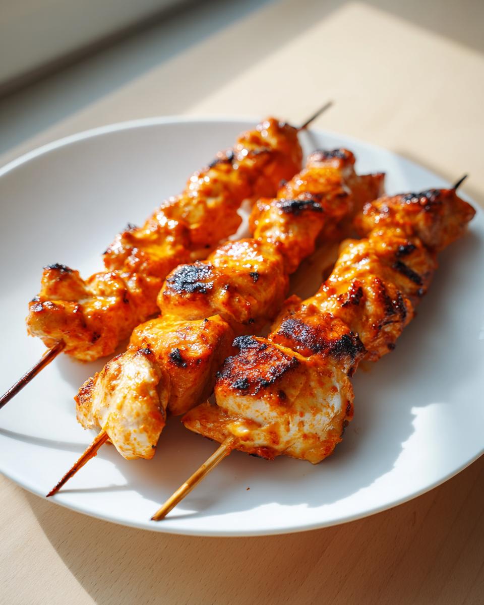 Three perfectly grilled bang bang chicken skewers coated in a vibrant orange sauce, resting on a white plate.