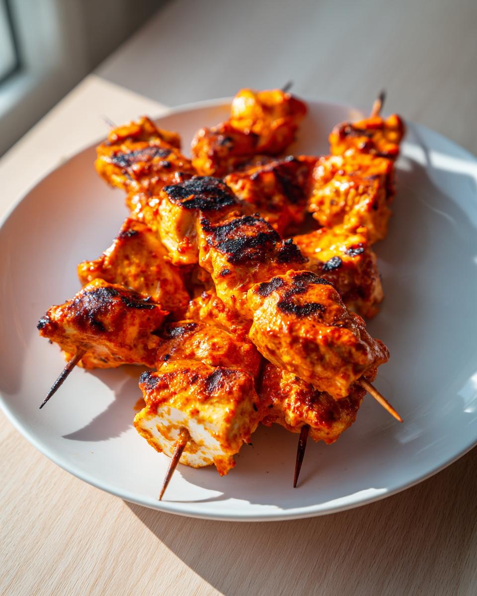 Close-up of several grilled bang bang chicken skewers coated in a vibrant orange sauce, resting on a white plate.