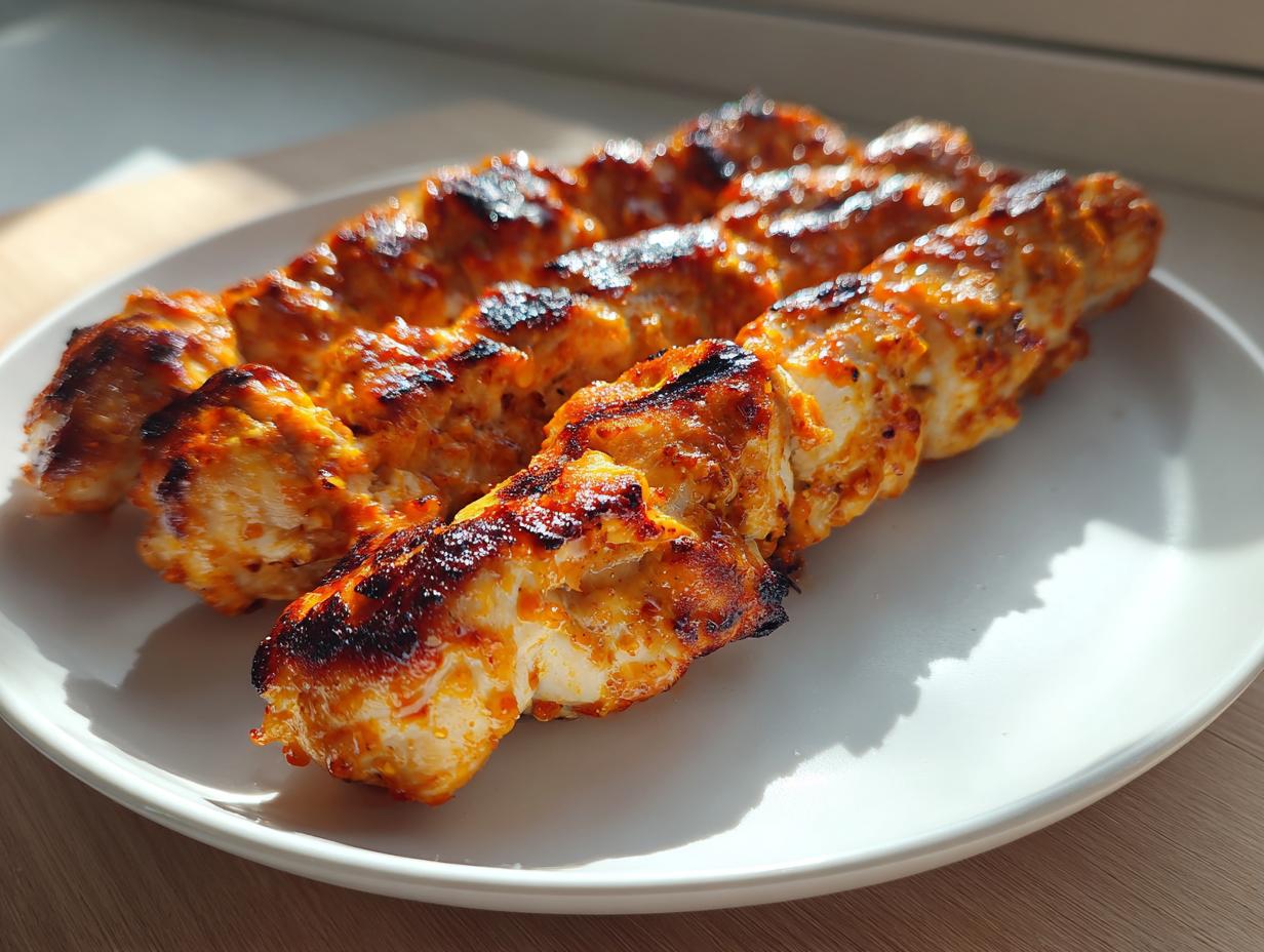Close-up of three perfectly grilled bang bang chicken skewers resting on a white plate, showing charred edges.
