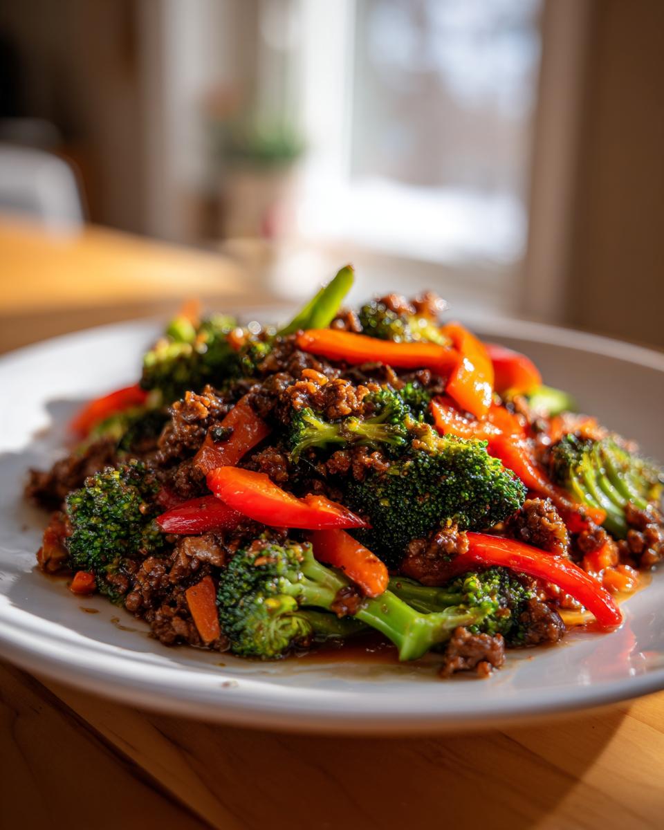 A close-up of a hearty ground beef stir fry mixed with bright green broccoli florets and sliced red bell peppers.