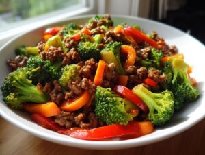 A close-up of a white bowl filled with colorful ground beef stir fry featuring bright green broccoli florets and sliced red and orange bell peppers.