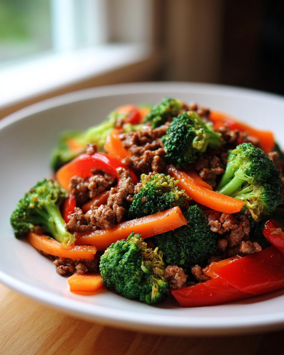 Close-up of a vibrant ground beef stir fry featuring bright green broccoli, orange carrots, and red bell peppers.