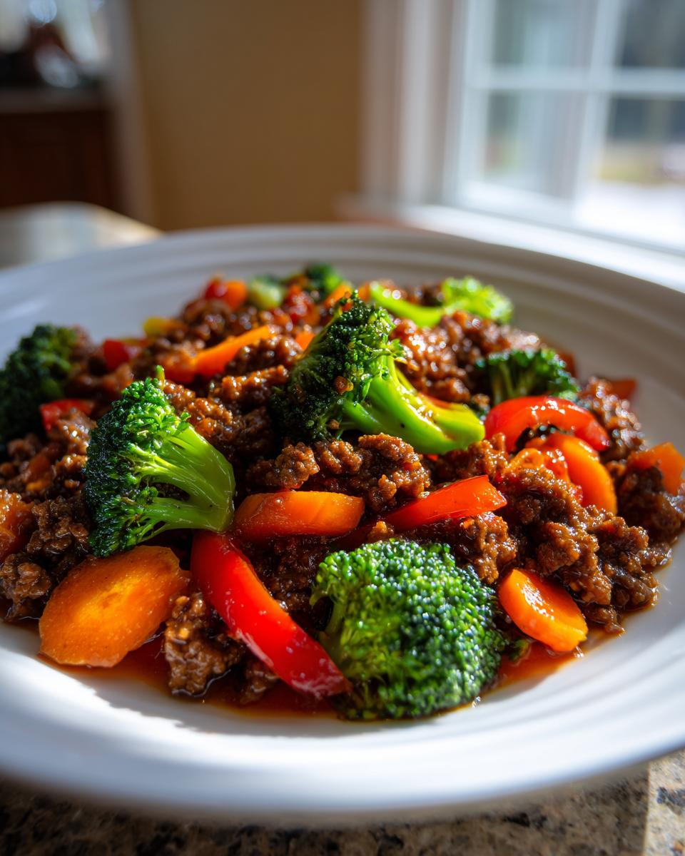 A close-up of a serving of flavorful ground beef stir fry mixed with bright green broccoli florets and sliced carrots and red peppers.