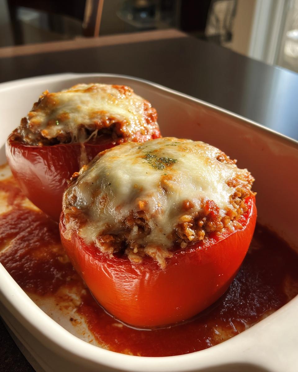 Two baked ground turkey stuffed peppers topped with melted cheese sitting in tomato sauce in a white baking dish.