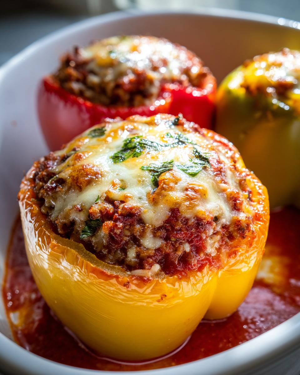 Close-up of a baked yellow ground turkey stuffed pepper topped with melted, browned cheese and parsley.