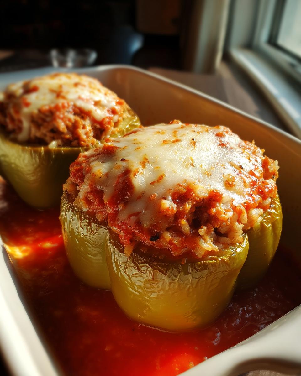 Two bright green ground turkey stuffed peppers topped with melted cheese and sitting in tomato sauce.