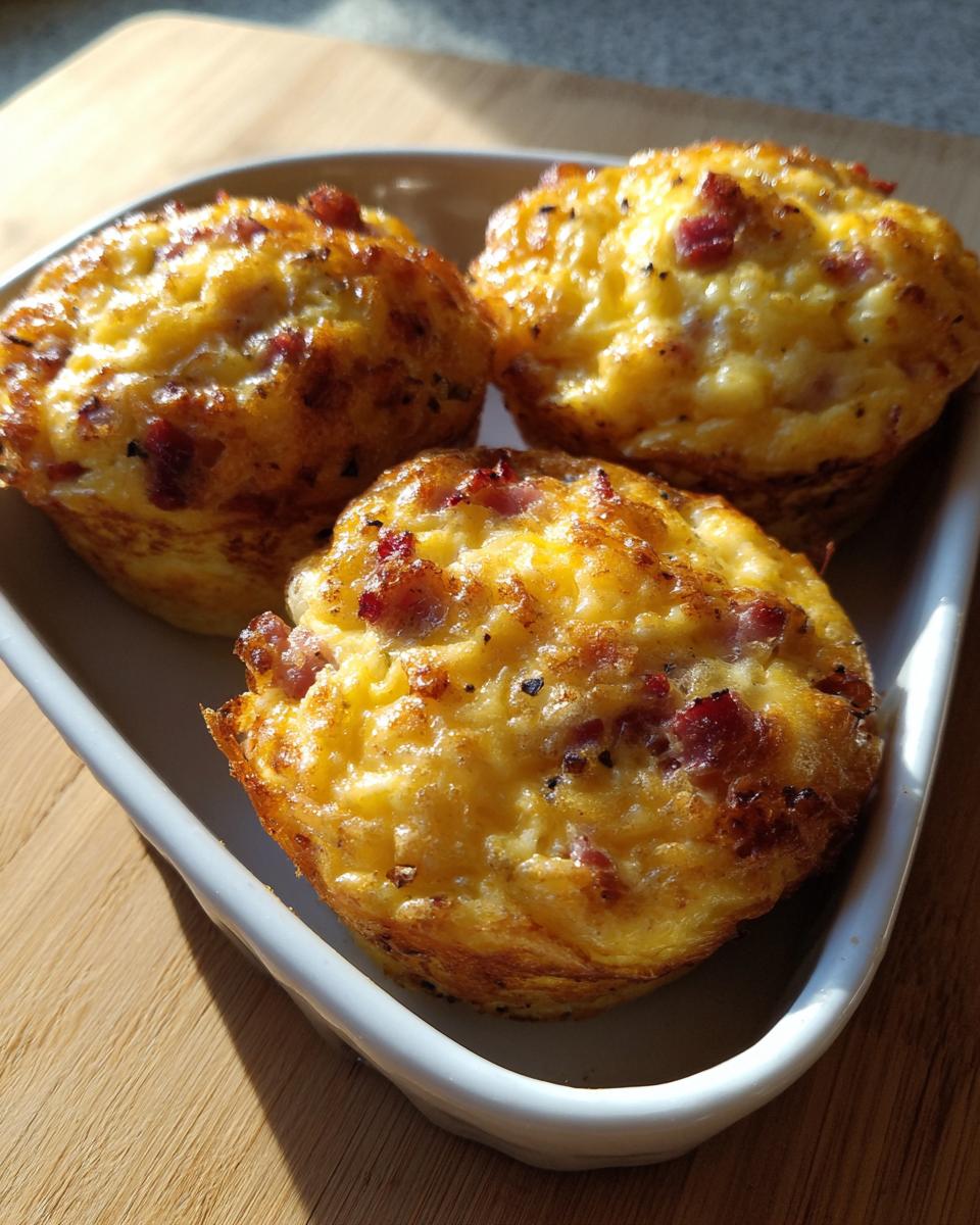 Three golden brown ham and cheese egg muffins served in a white dish, perfect for breakfast.