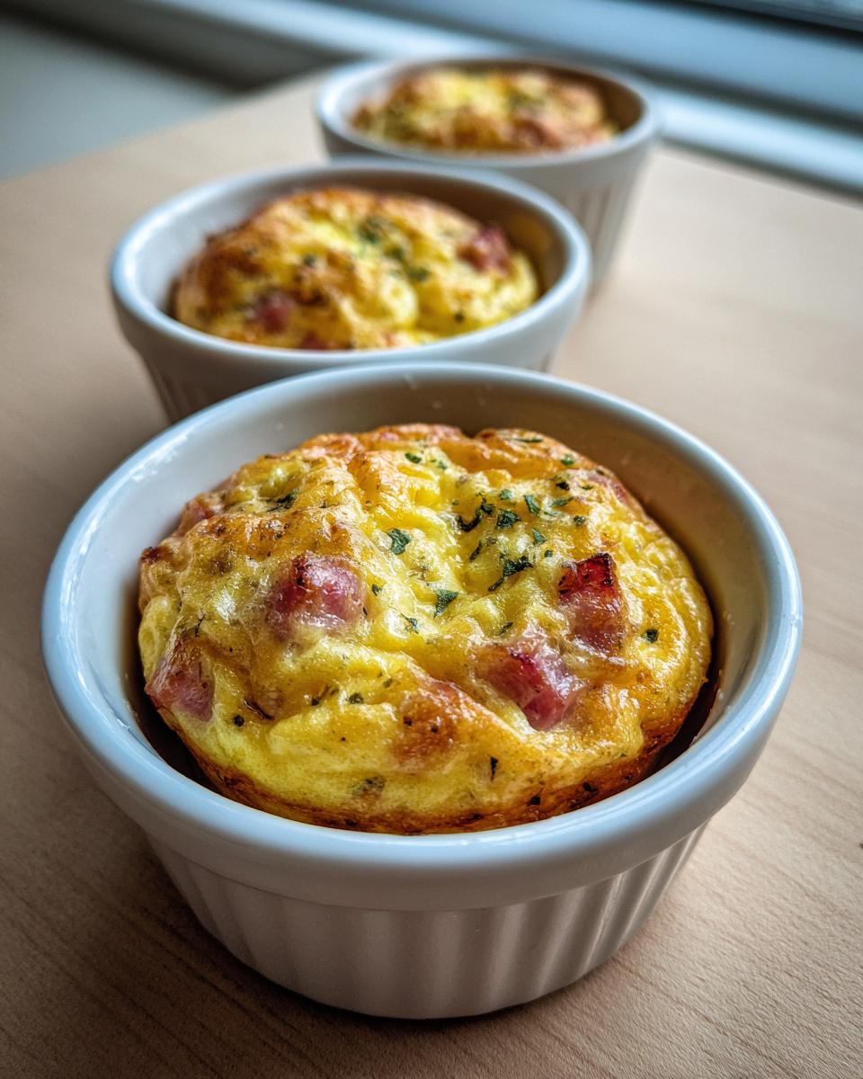 Three baked ham and cheese egg muffins lined up in white ramekins, showing golden tops sprinkled with herbs.