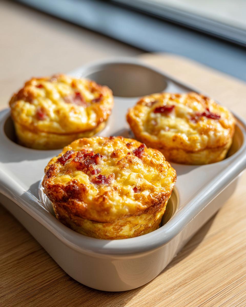 Three golden brown ham and cheese egg muffins resting in a light gray muffin tin.